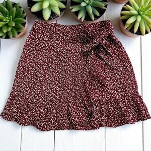 Hollister Floral Ruffle Mini Skirt Burgundy White Tie Waist S